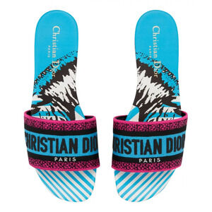Christian Dior Dway D Jungle Blue Black Embroidered Logo Slide Flat Sandal 36